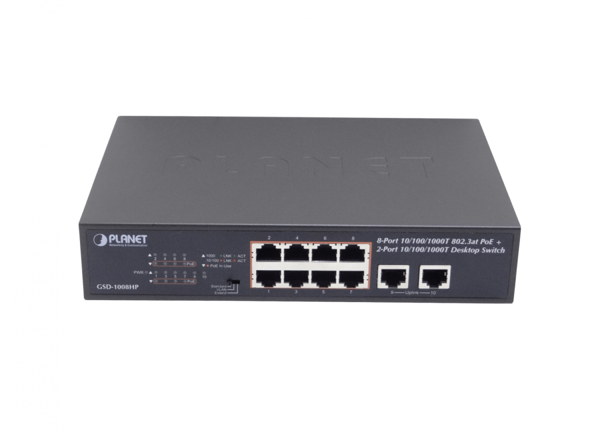 PLANET GSD-1008HP 10-1000(8-PoE+af/at) 120W-tot Switch no-Admin Rack-10p Rack-19p