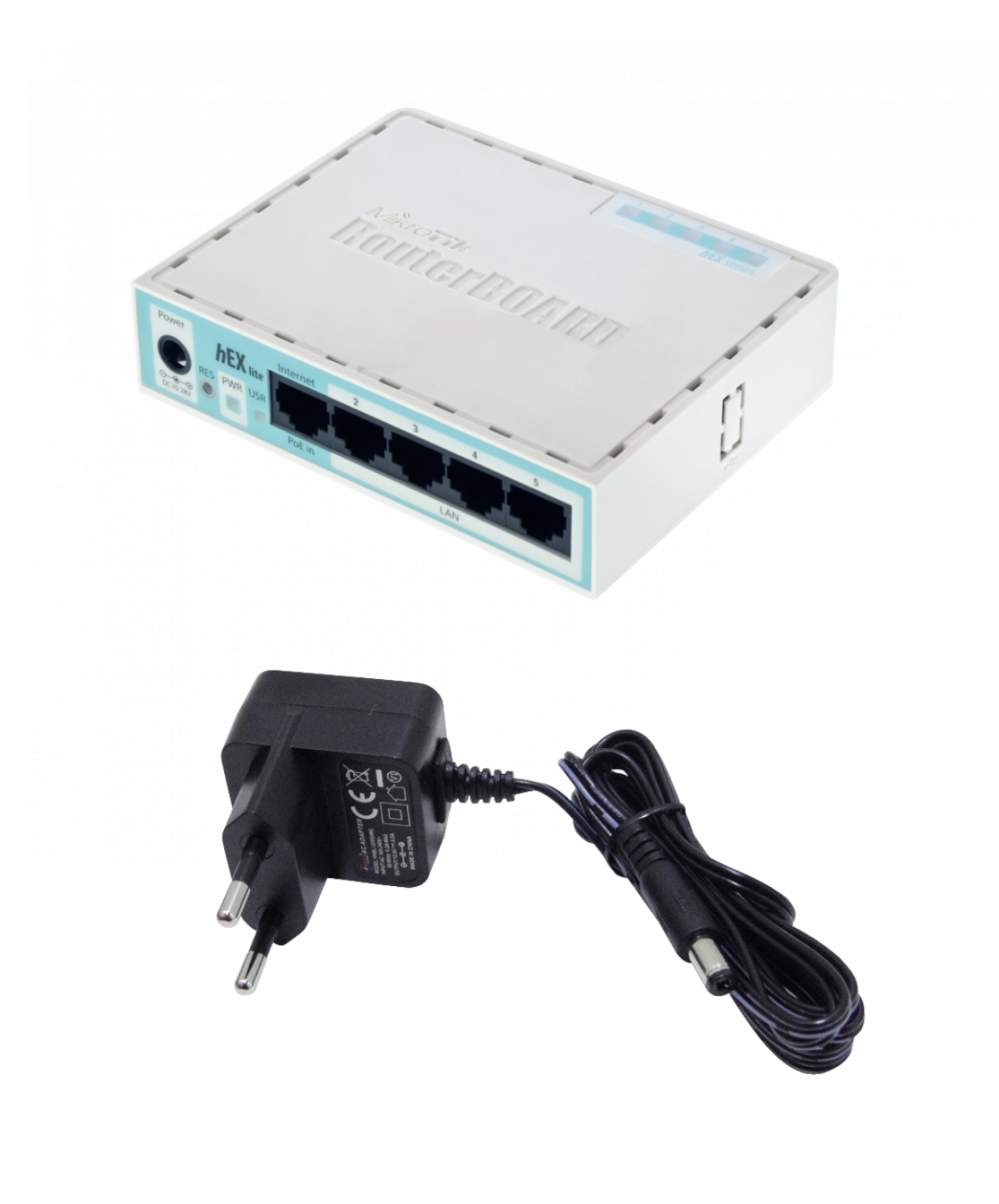 Mikrotik router HEX-LITE 5-100 L4 850MHz 64mb Caja-Plastica inc-Fuente-Poder RB750r2