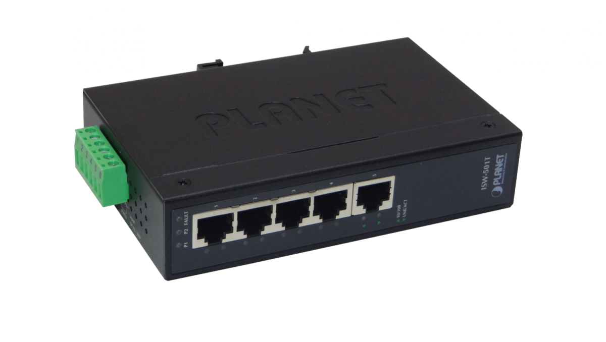 PLANET ISW-501T 5-100 Switch Industrial no-Admin Riel-DIN 12-48VDC 24VAC Dual