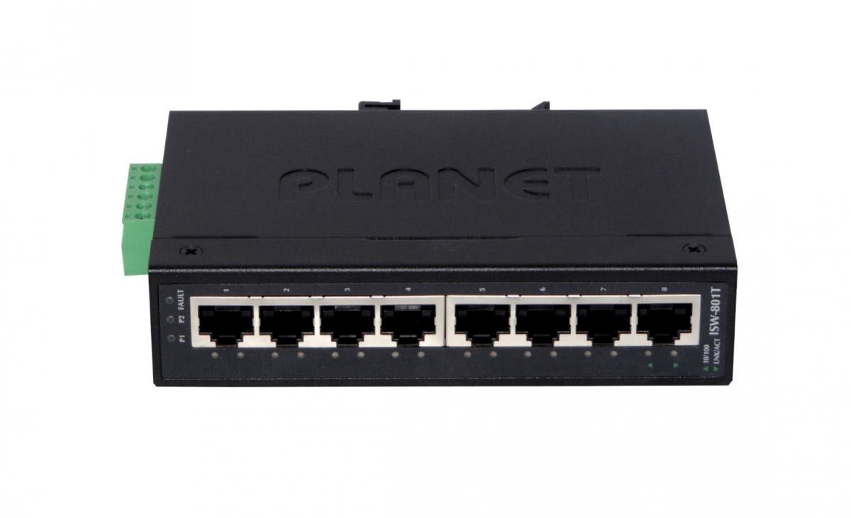 PLANET ISW-801T8-100 Switch Industrial Riel-DIN no-Admin req/12-48VDC/24VAC